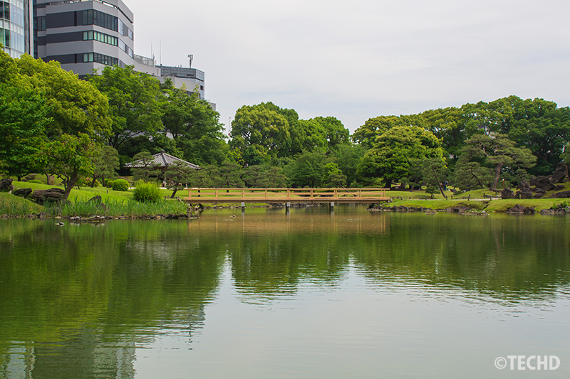 八ッ橋と東屋を入れた風景を、水面のリフレクションを活かして上下に二分割の構図