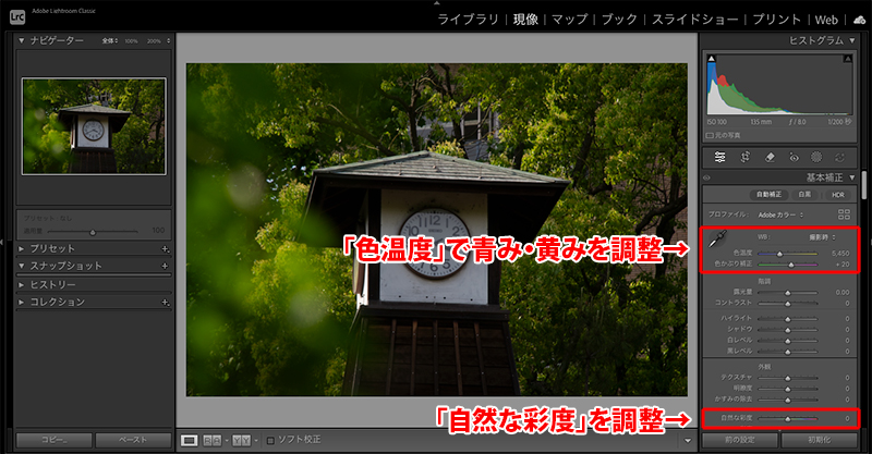 Lightroomの「色温度」「自然な彩度」のスライダーを動かして調整することを説明している画面