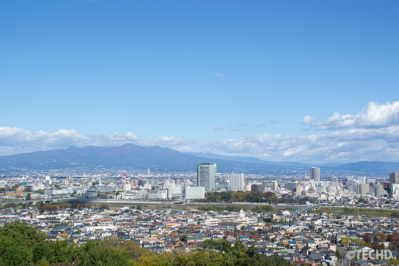 高崎市役所の高層ビルを中心に、住宅街や公共施設が層をなす都市景観