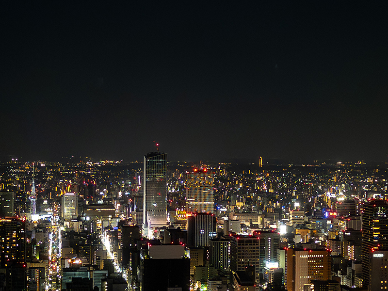 スカイプロムナードから見た名古屋市東側の夜景。高層ビル群と街の明かりが輝きます。