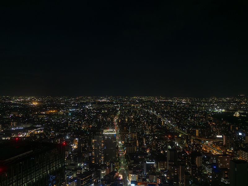 スカイプロムナードから見た北側の夜景。暗闇の中に市街地の灯りが広がり、奥にはライトアップされた名古屋城も見える。