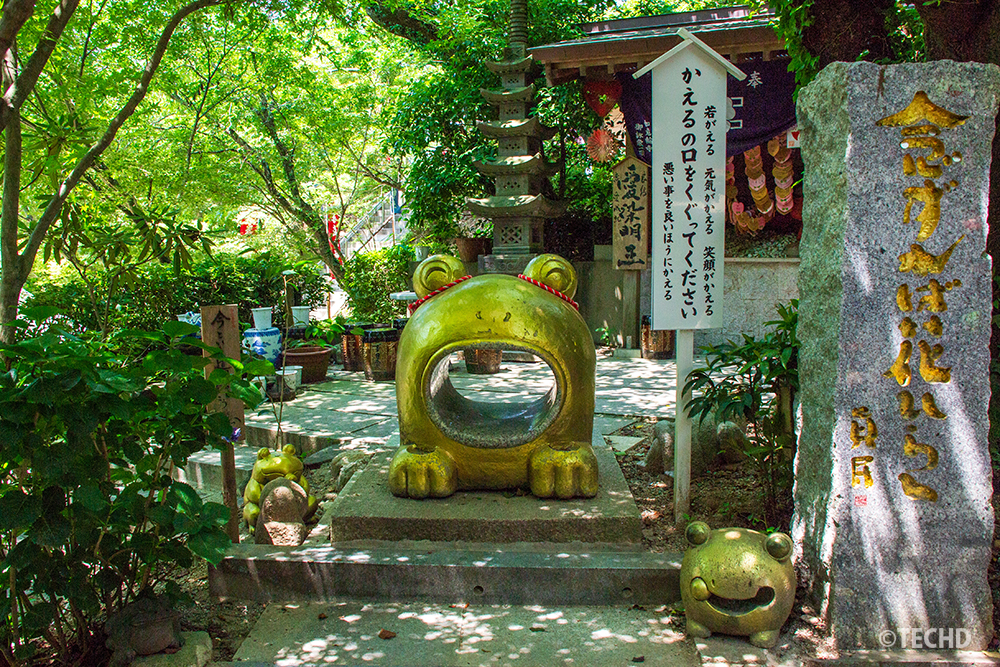 金色のかえる像とその口をくぐるご利益スポット。背景には木陰と石塔、案内板が見える。