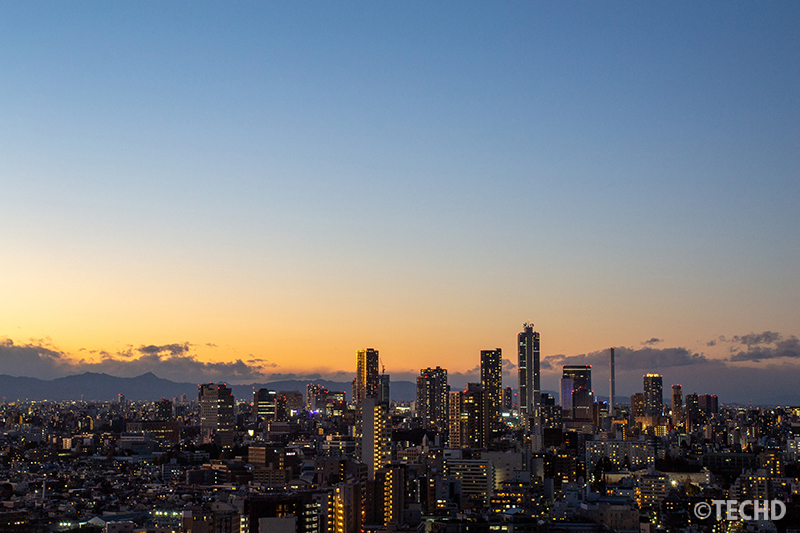 西の空がまだ青く残る時間帯。東京の街に灯りが灯り始める、幻想的な風景