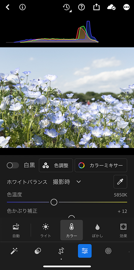 「色温度」「色かぶり補正」などの色を調整するスライダーが表示されている画面