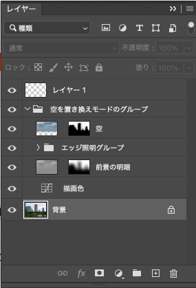 Photoshopのレイヤーパネル。空を置き換えモードのグループが表示されている