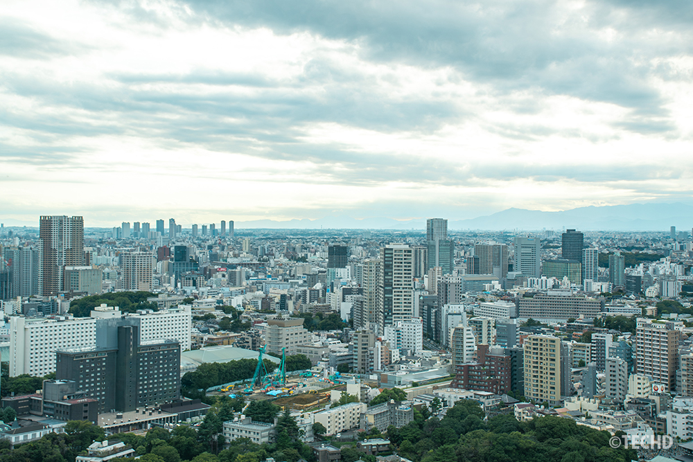武蔵小杉のタワーマンション群や山々を遠くに確認でき、都市の広がりを感じられる眺め。