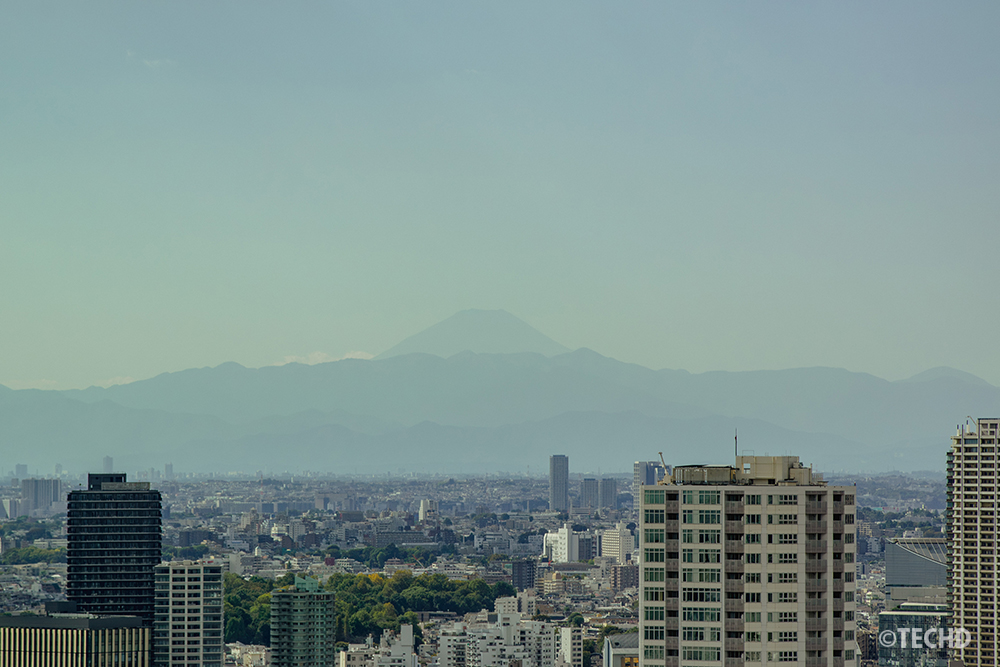 NEWoMan高輪「LUFTBAUM」の翠の庭から見えた富士山。昼過ぎの時間帯で逆光気味のためシルエットになっているが、晴天時の午前中はよりくっきりと姿を望めそう。