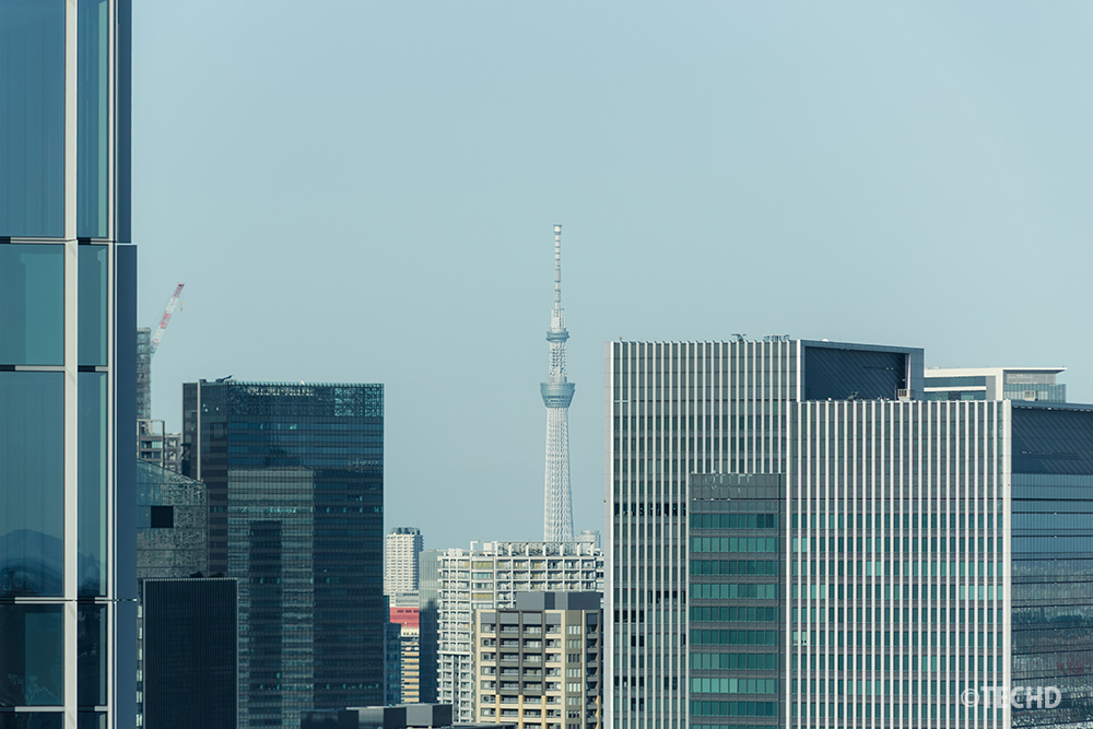 高層ビルの隙間から東京スカイツリーが顔を出す、ちょっとした発見も。