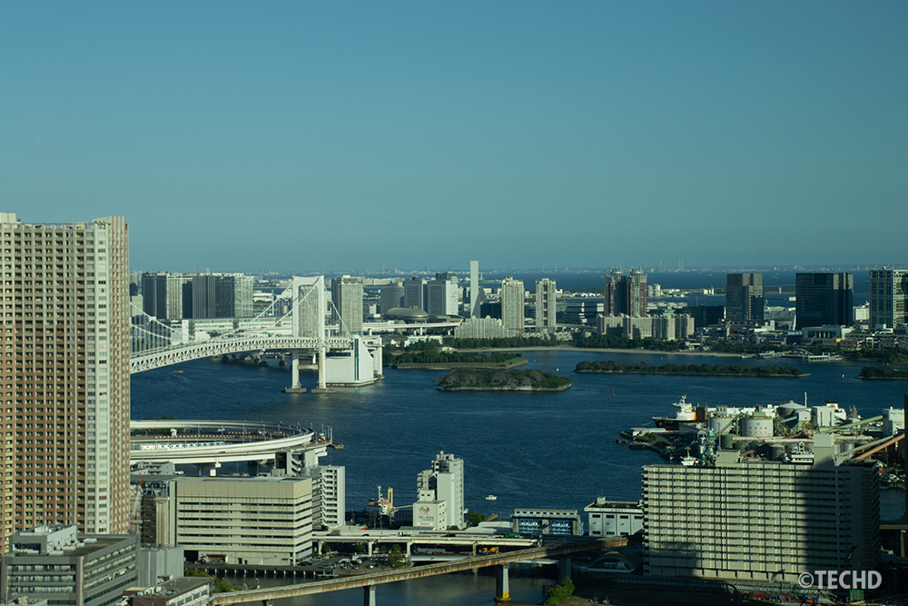 LUFTBAUMの山吹の庭からガラス越しに撮影した東京湾とレインボーブリッジ。晴天の光で全体が青被りしている風景。