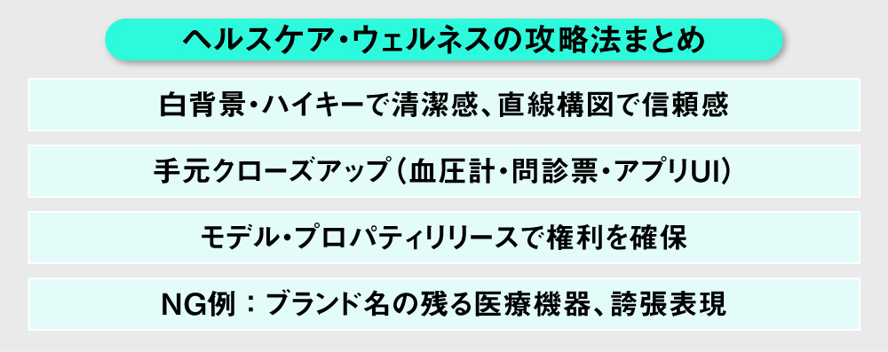 Adobe Stockのヘルスケア攻略法まとめ。清潔感と信頼感、手元クローズアップ、プライバシー配慮、NG例を整理