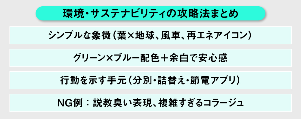 Adobe Stockの環境・サステナビリティ攻略法まとめ。象徴アイコン、安心配色、行動の手元、NG例を整理