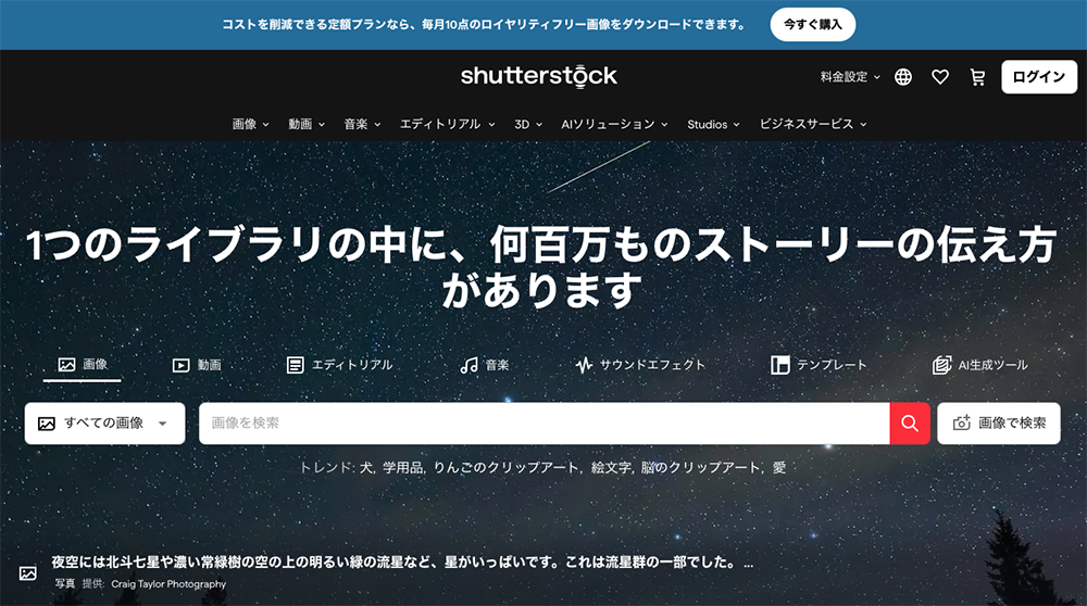 Shutterstock公式サイトのトップページ。星空を背景にした検索画面で、世界最大規模のストックフォトサービスを紹介する画面