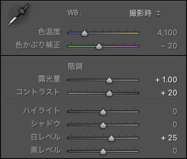 Lightroomで露光量と白レベル、コントラストを調整した画面の拡大