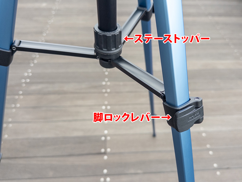 SLIK GX-S 6400の脚部構造を示す写真。脚ロックレバーとステーストッパーの位置を赤い矢印で示している