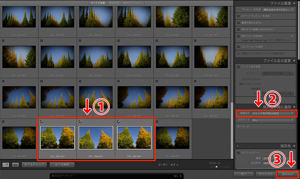 読み込み画面で、①画像を選択し、②現像設定でプリセットを選び、③読み込みをクリックする一連の手順解説