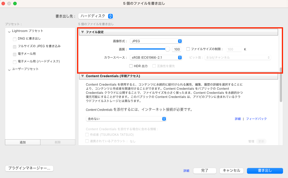 書き出しダイアログの「ファイル設定」にて、画像形式をJPEG、画質を100に設定している赤枠の解説画面