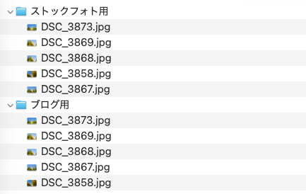書き出し完了後、「ストックフォト用」と「ブログ用」の各フォルダにそれぞれの画像が自動生成されたファイル一覧