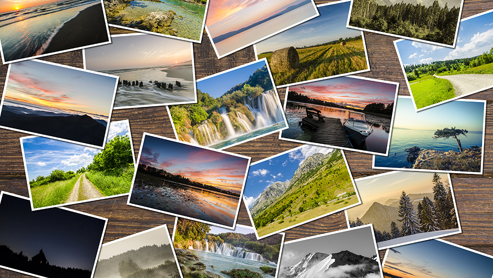 ジャンル分けされる前の、バラバラに重なり合った大量のストックフォト作品のイメージ。ポートフォリオ整理の第一歩を表現。