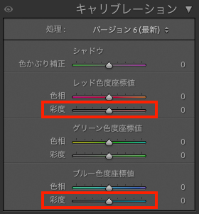 Lightroom Classicのキャリブレーションパネル画面。ブルー色度座標値の彩度とレッド色度座標値の彩度が赤枠で囲われている。