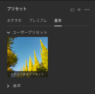 Lightroom(クラウド版)の画面。ユーザープリセットに「イチョウ並木プリセット」が追加されている。