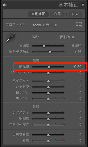 Lightroom Classicの基本補正のパネル画面。露光量の部分が調整され、赤枠で囲われている。