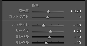 露光量、ハイライト、シャドウ、白レベル、黒レベルを調整したLightroom Classicのパネル画面の拡大