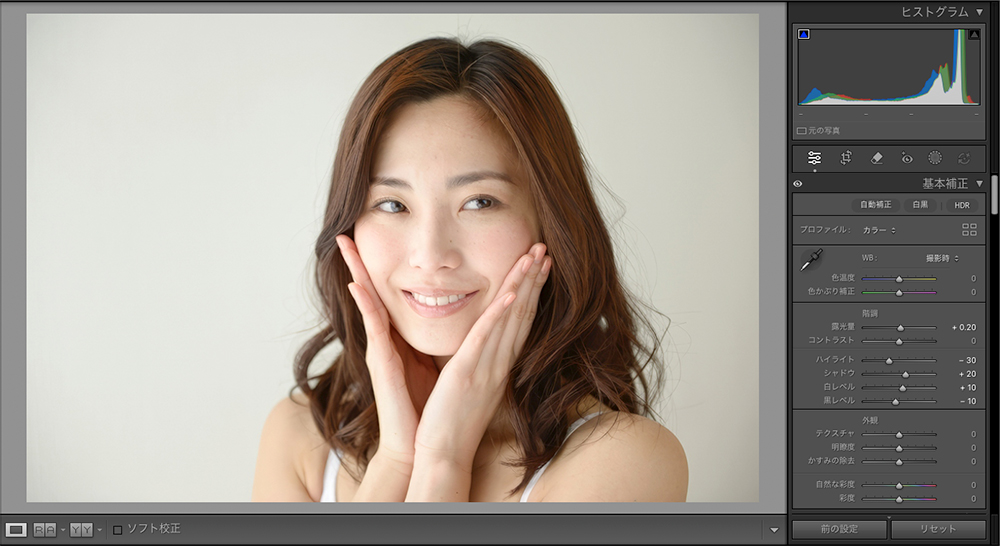 露光量、ハイライト、シャドウ、白レベル、黒レベルを調整したLightroom Classicのパネル画面