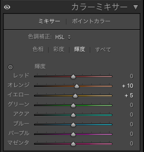 Lightroom ClassicのHSL(輝度)パネルの画面。オレンジとイエローを調整している。