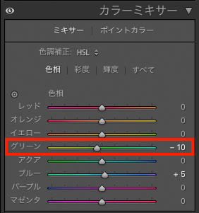 Lightroom Classicの色相のパネル画面。グリーンの部分が調整され、赤枠で囲われている。