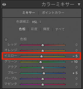Lightroom Classicの色相のパネル画面。イエローの部分が調整され、赤枠で囲われている。