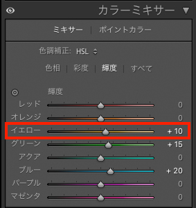 Lightroom Classicの輝度のパネル画面。イエローの部分が調整され、赤枠で囲われている。