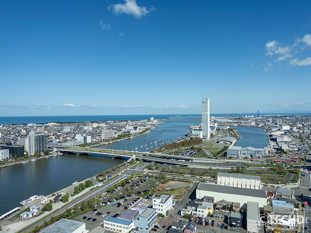 新潟県新潟市の街並みを展望台から俯瞰で捉えた風景写真。信濃川と朱鷺メッセ、晴れ渡る青空が広がる。