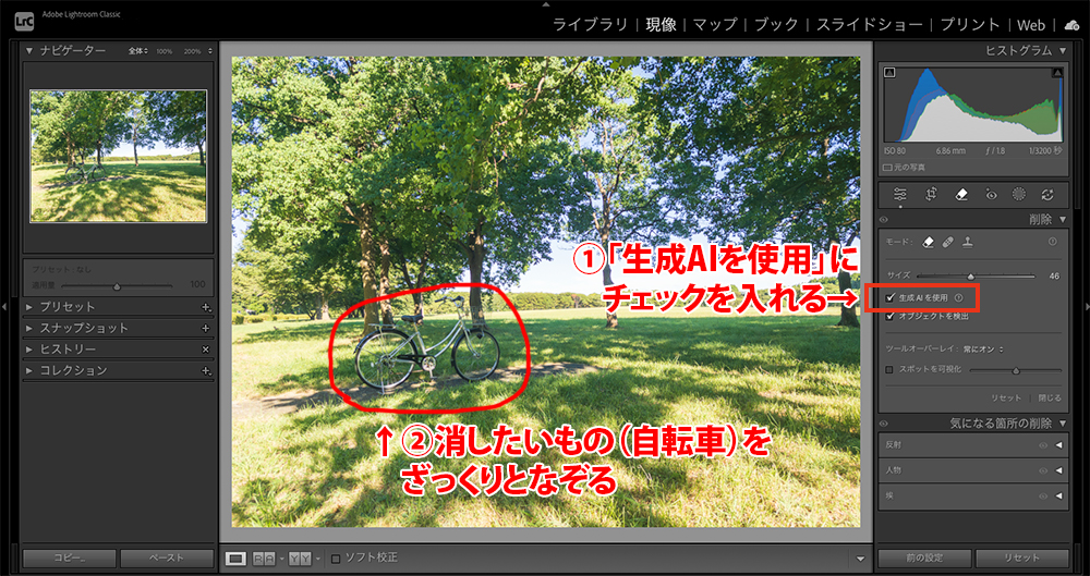公園の自転車の消去手順の画面。「削除」ツールを選択し、「生成AIを使用」にチェックを入れて、消したいもの(自転車)をざっくりとなぞる事を説明している。