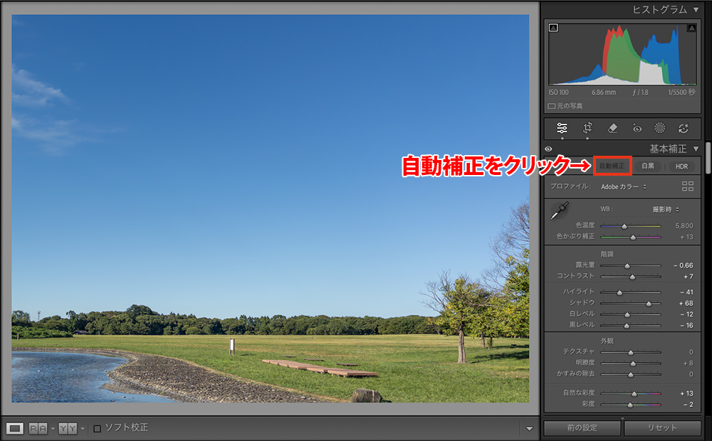 Lightroomの明るさとコントラストを整えるため、「自動補正」を説明している。