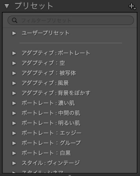 Lightroom Classicのプリセットの操作パネル。