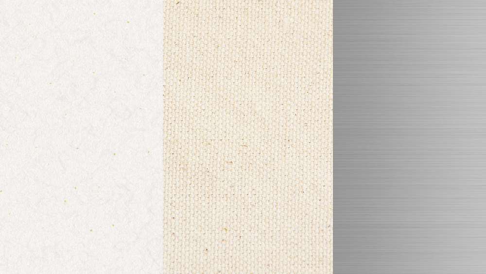 資産価値の源泉として紹介する「和紙・布・金属」それぞれの質感を象徴する、3分割の素材イメージ