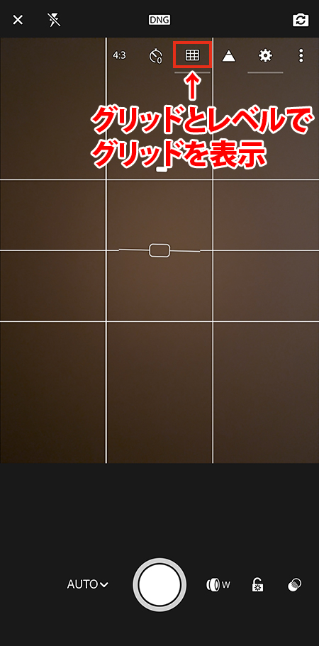 Lightroomカメラの撮影画面。上部メニューの「グリッドとレベル」アイコンを赤枠で囲み、画面上に構図の目安となる白いグリッド線を表示させている様子。