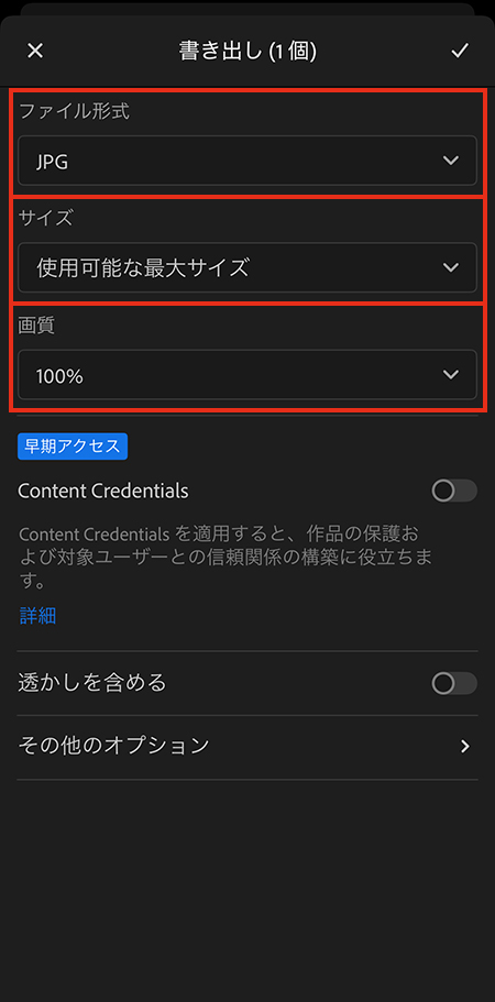 写真AC投稿向けの書き出し設定。高画質・高解像度で保存するために、ファイル形式・サイズ・画質の各項目を最高設定にしているスマホ画面。