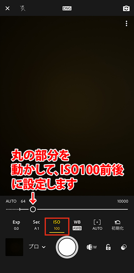 Lightroomカメラの設定でISO100に設定しているスマホの操作画面。