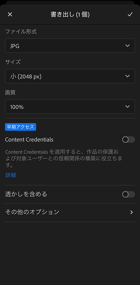 LightroomカメラのSNS用書き出し設定でサイズ「小(2048px)」になっているスマホの操作画面。