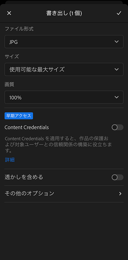 Lightroomカメラのストックフォト用書き出し設定でサイズ「使用可能な最大サイズ」になっているスマホの操作画面。