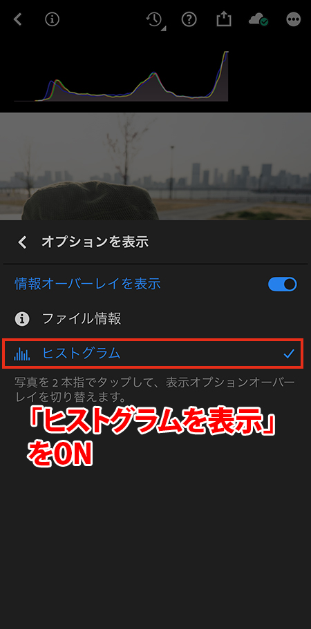Lightroomカメラのヒストグラムの設定で「ヒストグラムを表示」をONにしているスマホの操作画面。